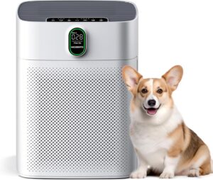 Air purifier next to a corgi.